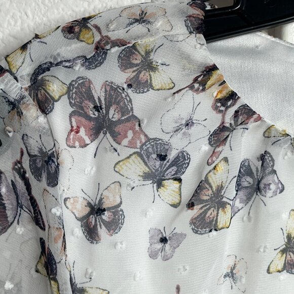 Sweet‎ Rain Womens M White Lined Butterfly Print Smocked Waist Sheer Sleeves Top - Picture 9 of 13